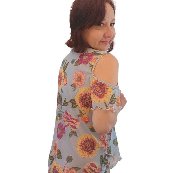 Vintage Y2k Cha Cha Vente Mesh Sheer Cold Shoulder top SM fairy whimsy Feminine - Picture 2 of 11